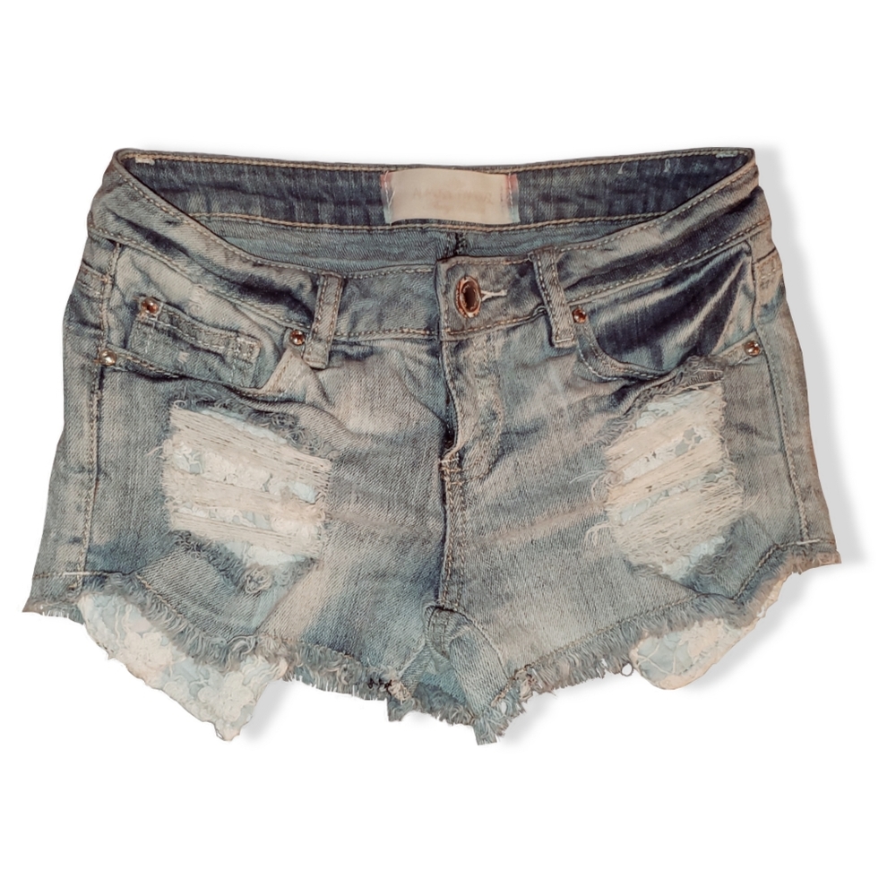 Lace Pocketed Distressed Jean Shorts